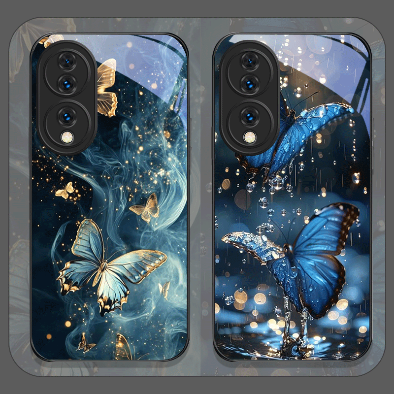 Huawei Nova 12 - 豪華な青い蝶のアートプリント入り強化ガラス製スマホケース Huawei Nova 13 12 11
