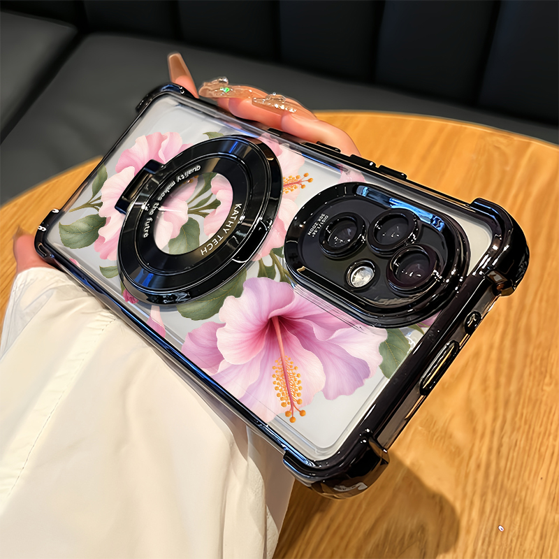 Oppo A78 - ピンクのハイビスカスの花柄のスマートフォンケース。OPPO A98、A97、A95、A92、A93、A78、A74、A73、A72、A80、A96に対応。メッキ加工を施した透明で防塵性のあるケース。