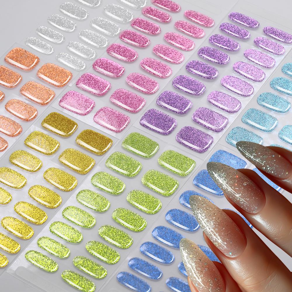 Full Cover Adhesive - 16種類のカラフルグリッターセミキュアジェルネイルステッカー、フルカバー、セルフ接着、プレスオンネイルラップ、UV/LEDライトが必要、マニキュアストリップス